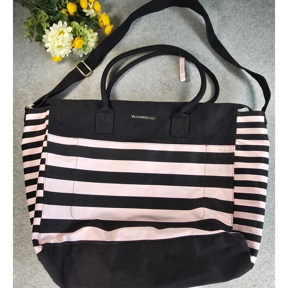 Victoria Secret Tote Bag Womens Pink Black Striped Weekender Large NWOT